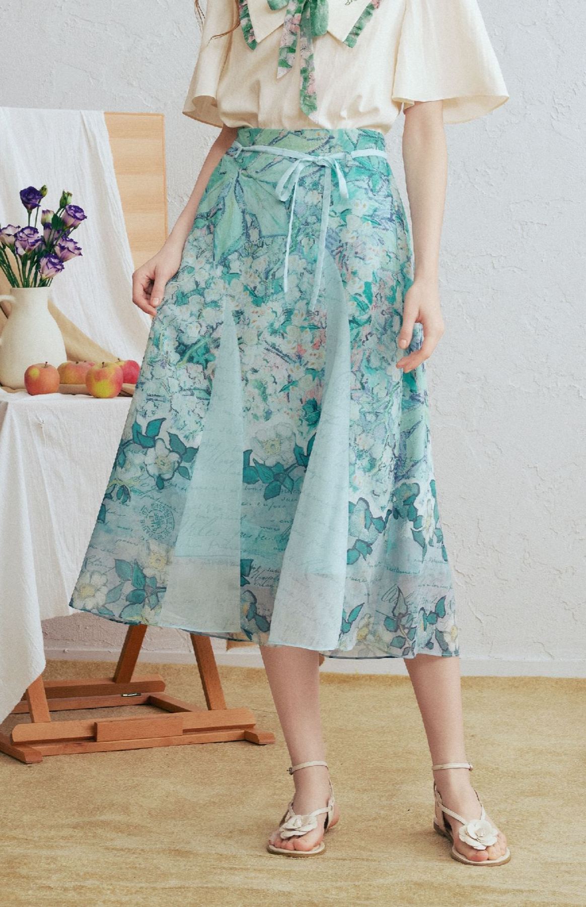 Printed Tie-Waist A-Line Skirt