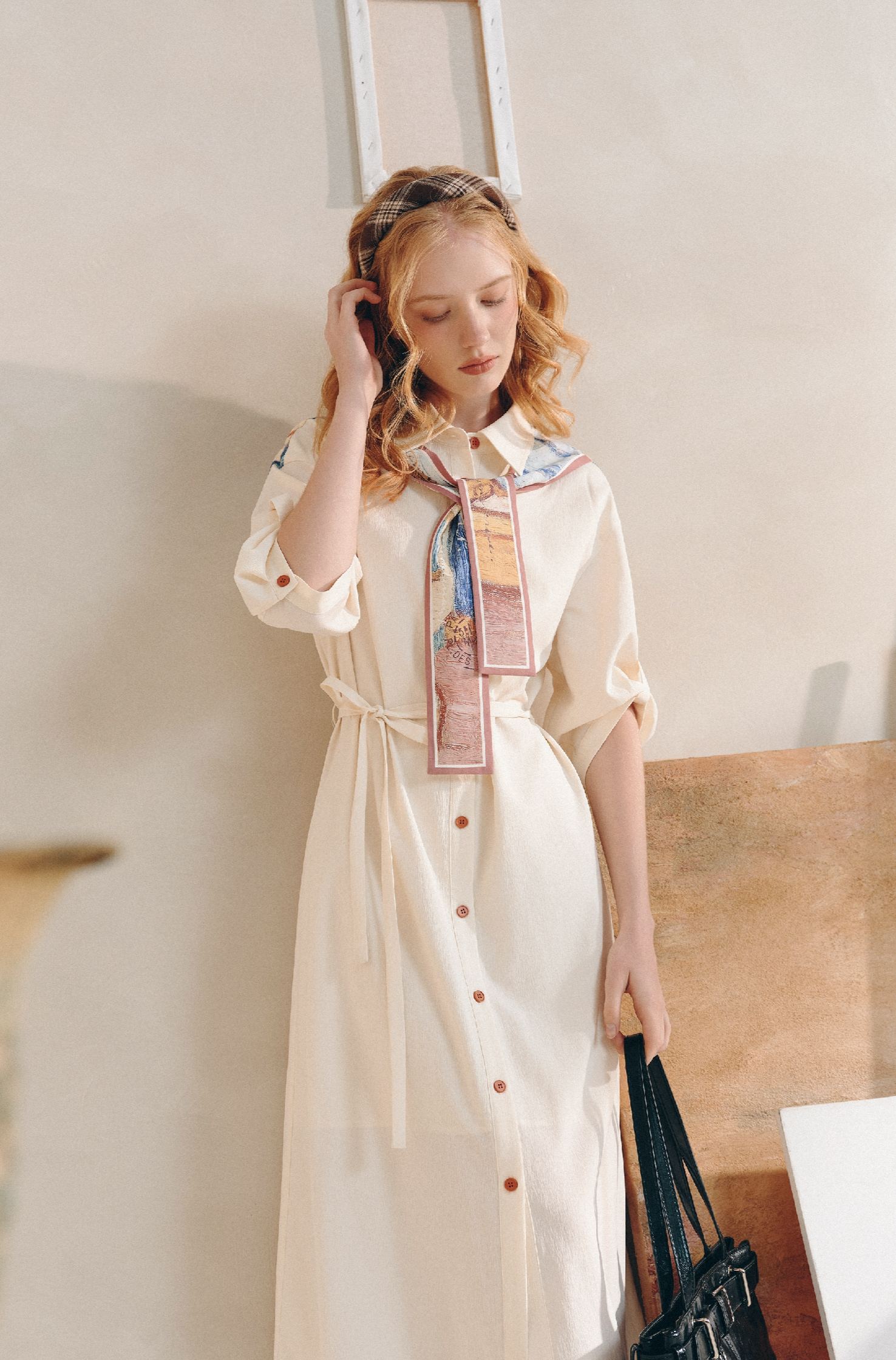 White Waist-Cinched Dress