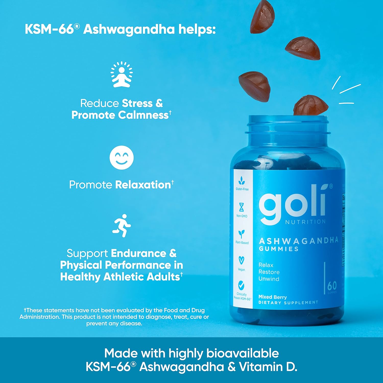 Goli Ashwagandha & Vitamin D Gummy - Mixed Berry, KSM-66, Vegan, Plant Based, Non-GMO, Gluten-Free & Gelatin Free.