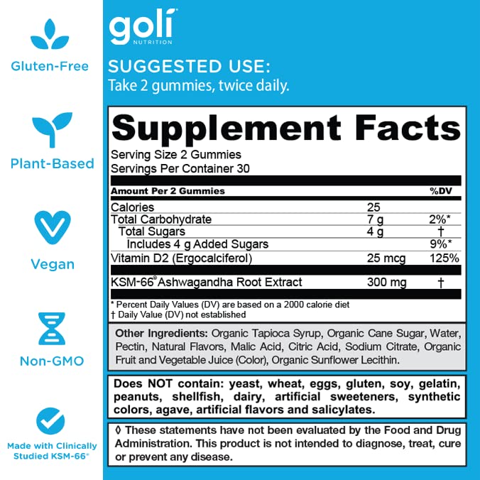 Goli Ashwagandha & Vitamin D Gummy - Mixed Berry, KSM-66, Vegan, Plant Based, Non-GMO, Gluten-Free & Gelatin Free.