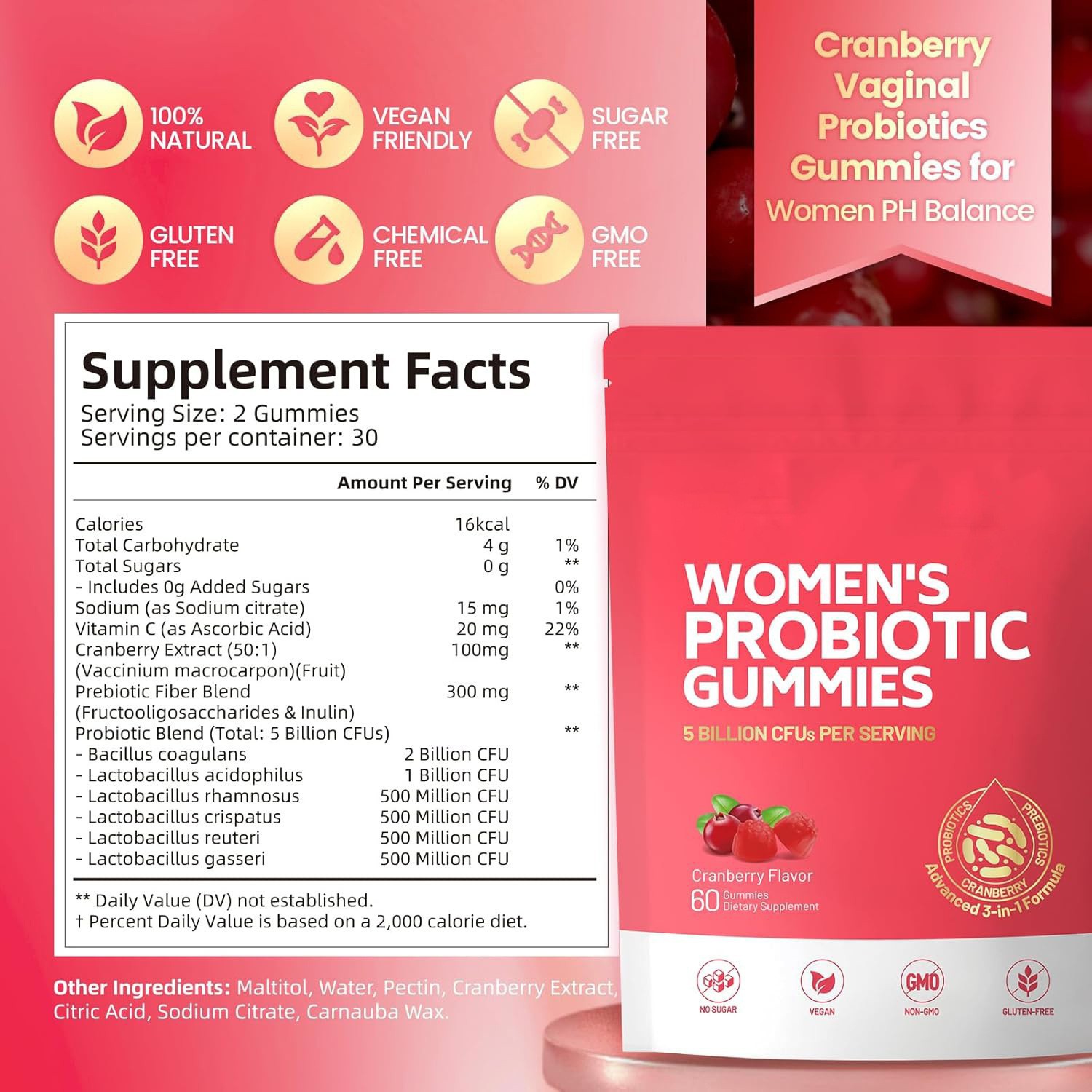 Women Probiotic Gummies, Prebiotic Gummy, Cranberry Probiotics for Woman Vaginigal Health| 60 Gummies
