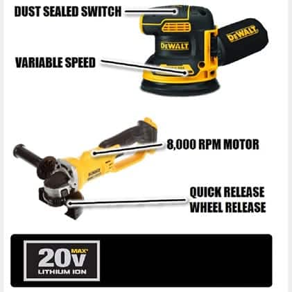 The DCG412 Grinder provides up to 7000 RPM.  The DCW210 Random Orbital Sander offer variable speed control for 8,000-12,000 OPM