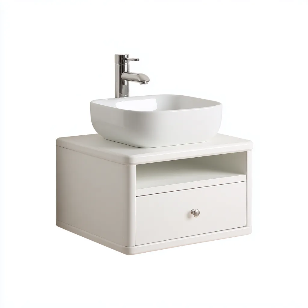 Mobile lavabo - legno composito - 55x43x52 cm - crema lucido - design moderno con lavabo da appoggio e cassetto-Comfyete