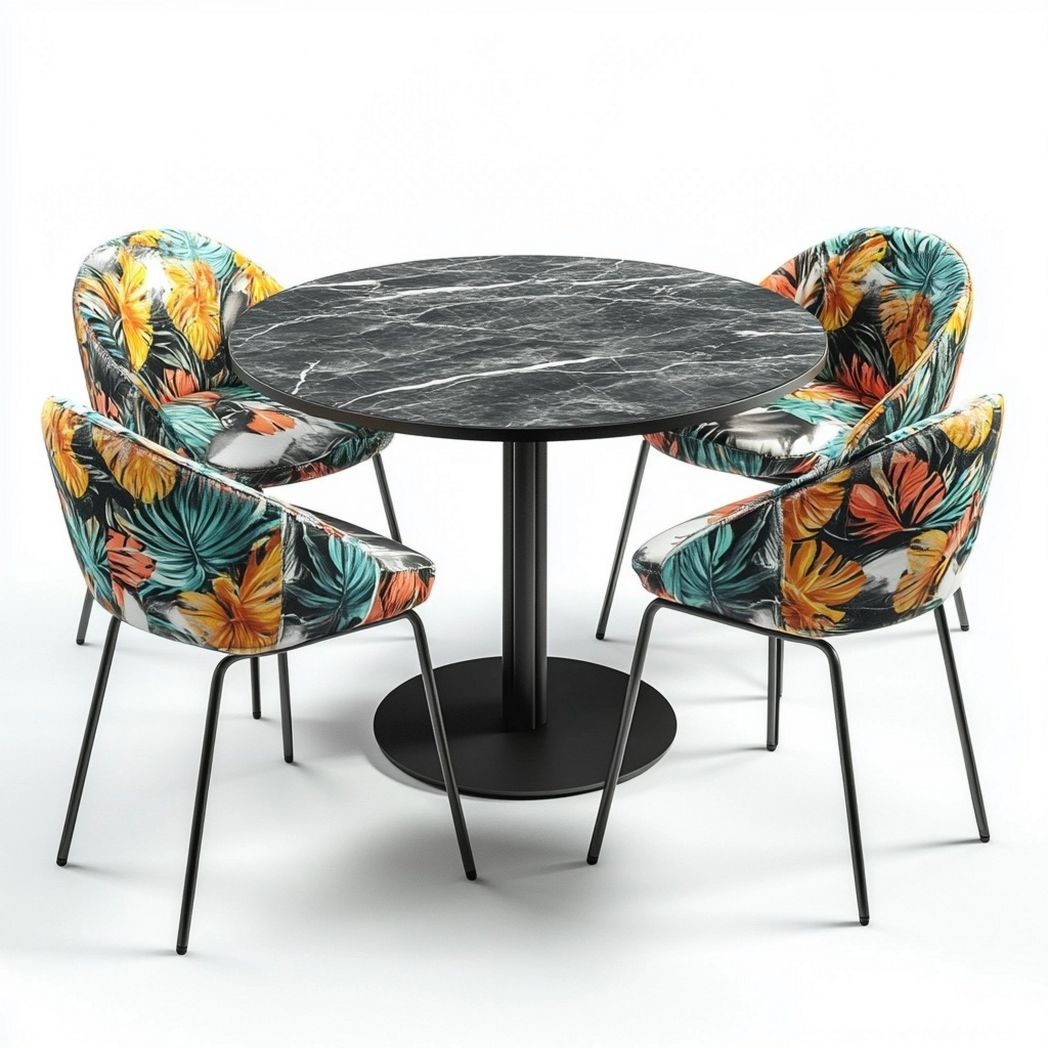 Table de salle à manger ronde en marbre noir avec chaises rembourrées en tissu imprimé tropical 5 pièces