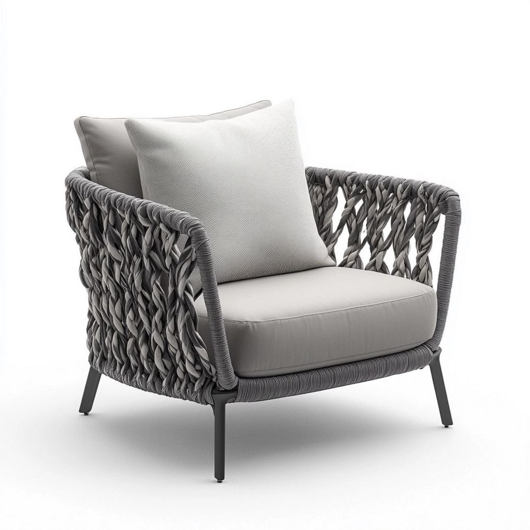 Fauteuil en Corde Tressée Gris avec Coussins en Tissu, Acier Polyvalent, 80 cm x 70 cm x 80 cm