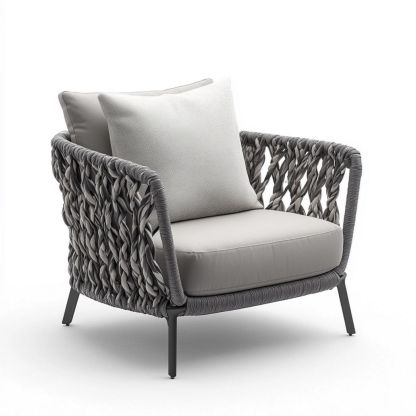 Fauteuil en Corde Tressée Gris avec Coussins en Tissu, Acier Polyvalent, 80 cm x 70 cm x 80 cm