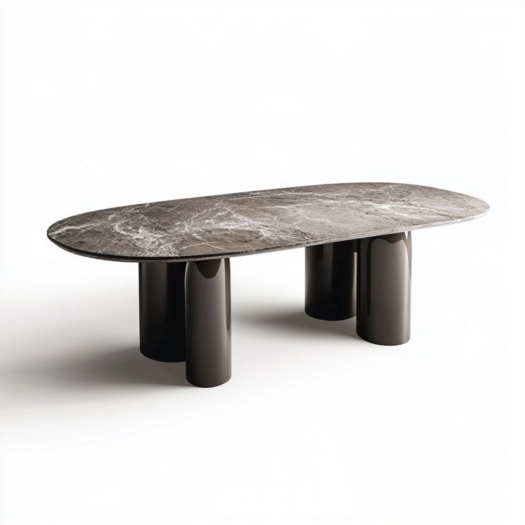Table à manger ovale en marbre brun avec pieds noirs, dimensions 200cm x 100cm x 75cm
