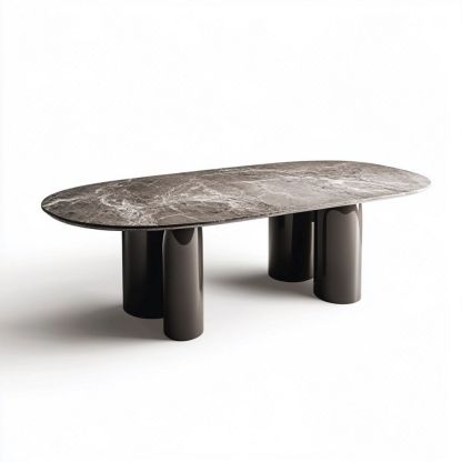 Table à manger ovale en marbre brun avec pieds noirs, dimensions 200cm x 100cm x 75cm