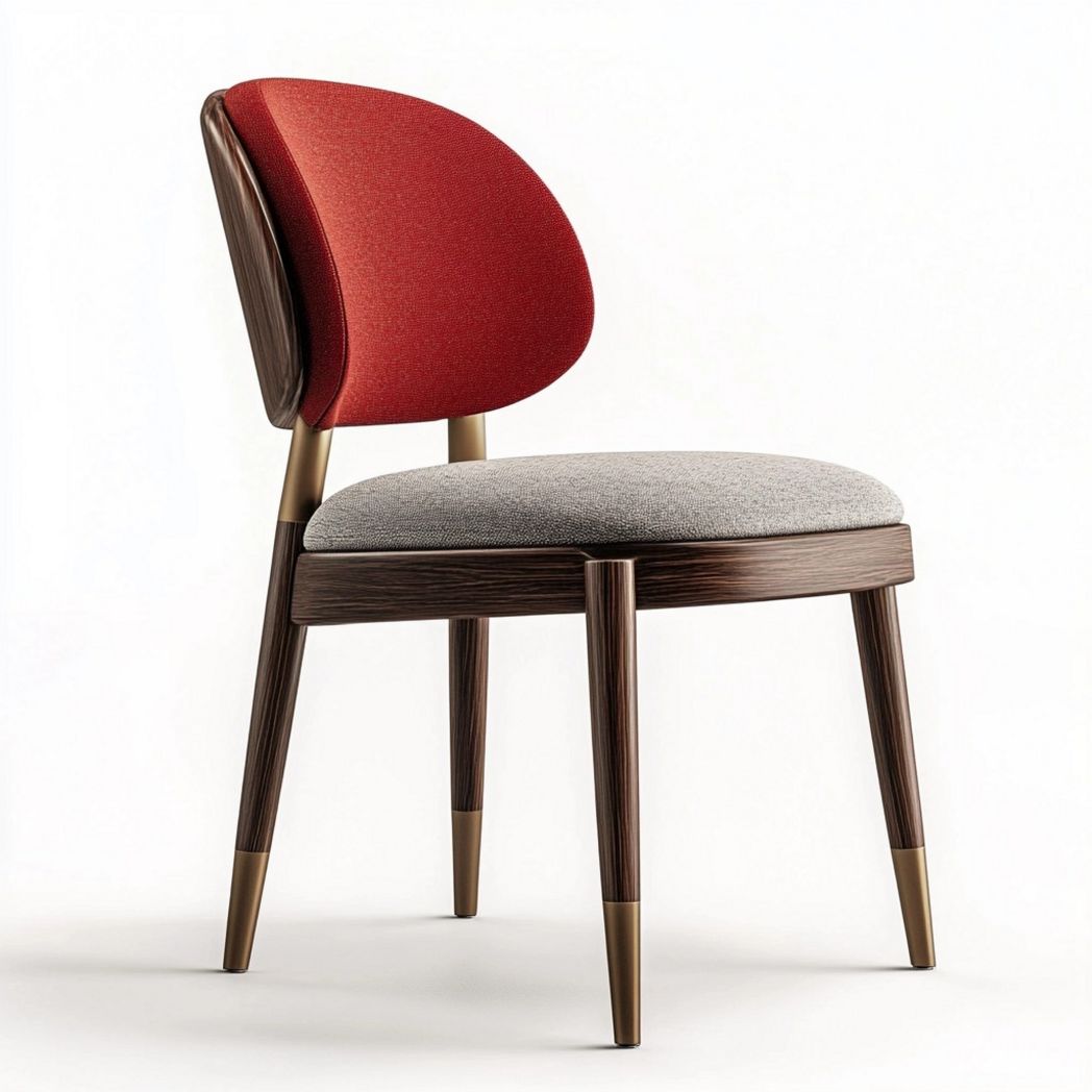 Chaise en Bois Noyer Forme Ronde Tissu Rouge/Gris Hauteur 85 cm