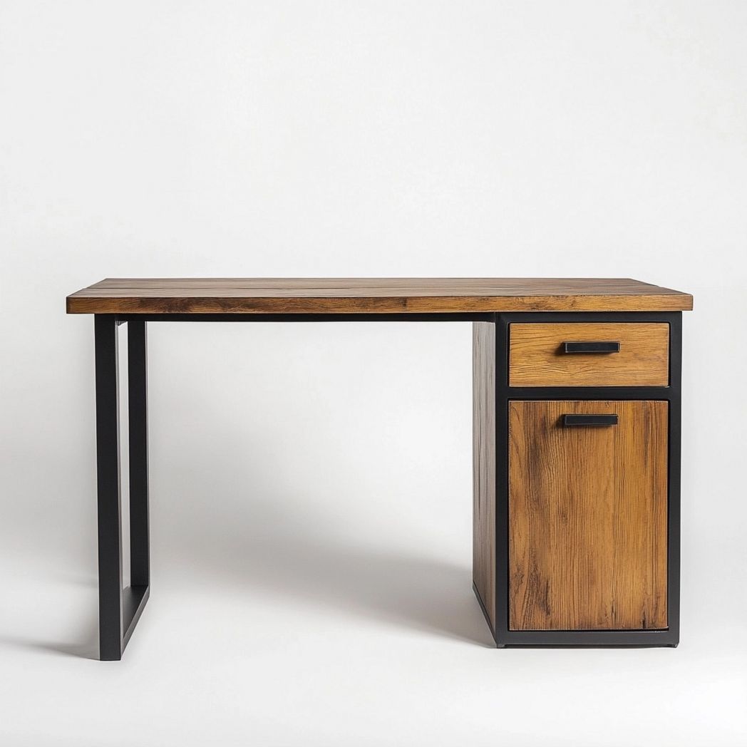Bureau en Bois Massif et Métal Noir avec Tiroir et Porte Rangement 120x60x75 cm