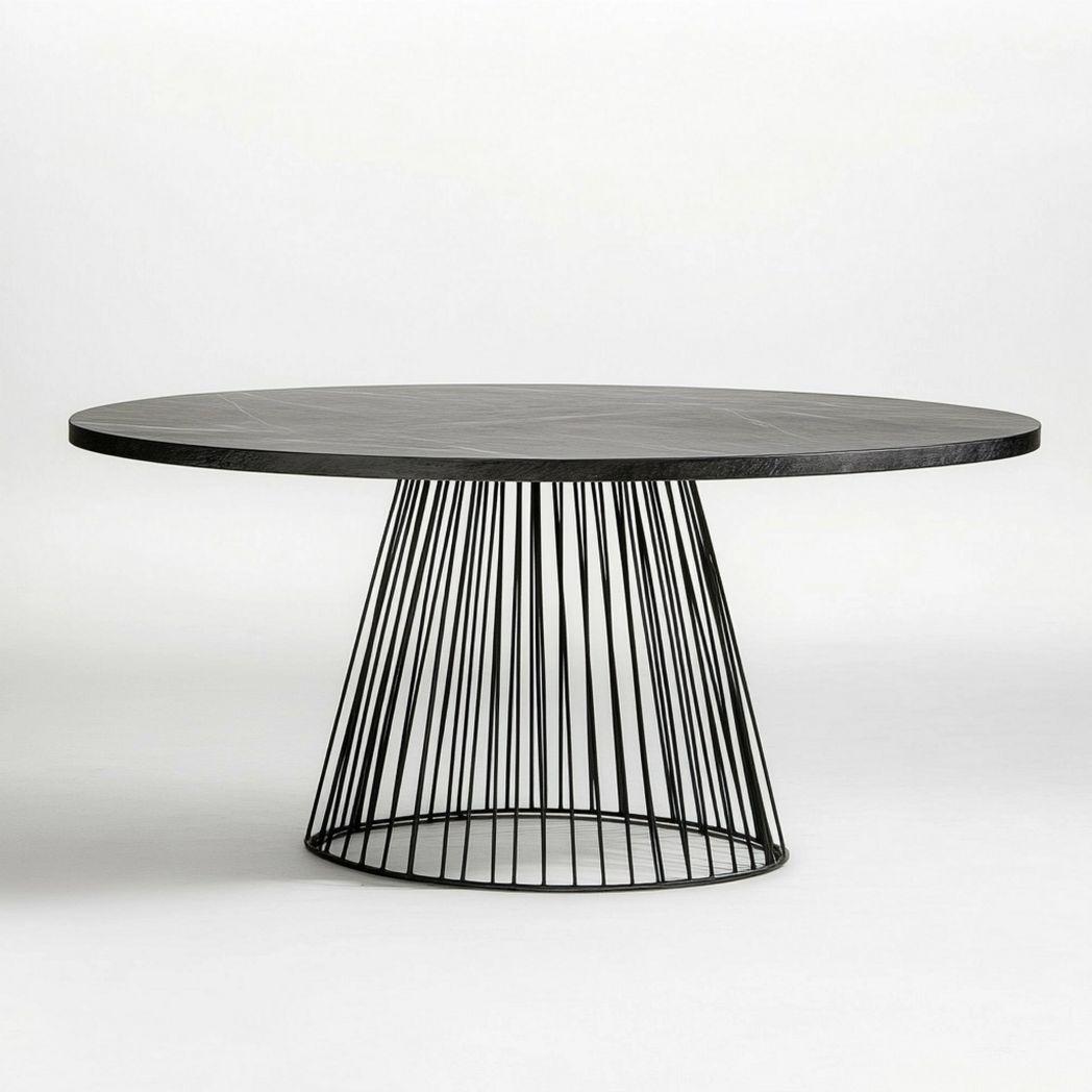 Table ronde en bois noir avec base en métal filaire