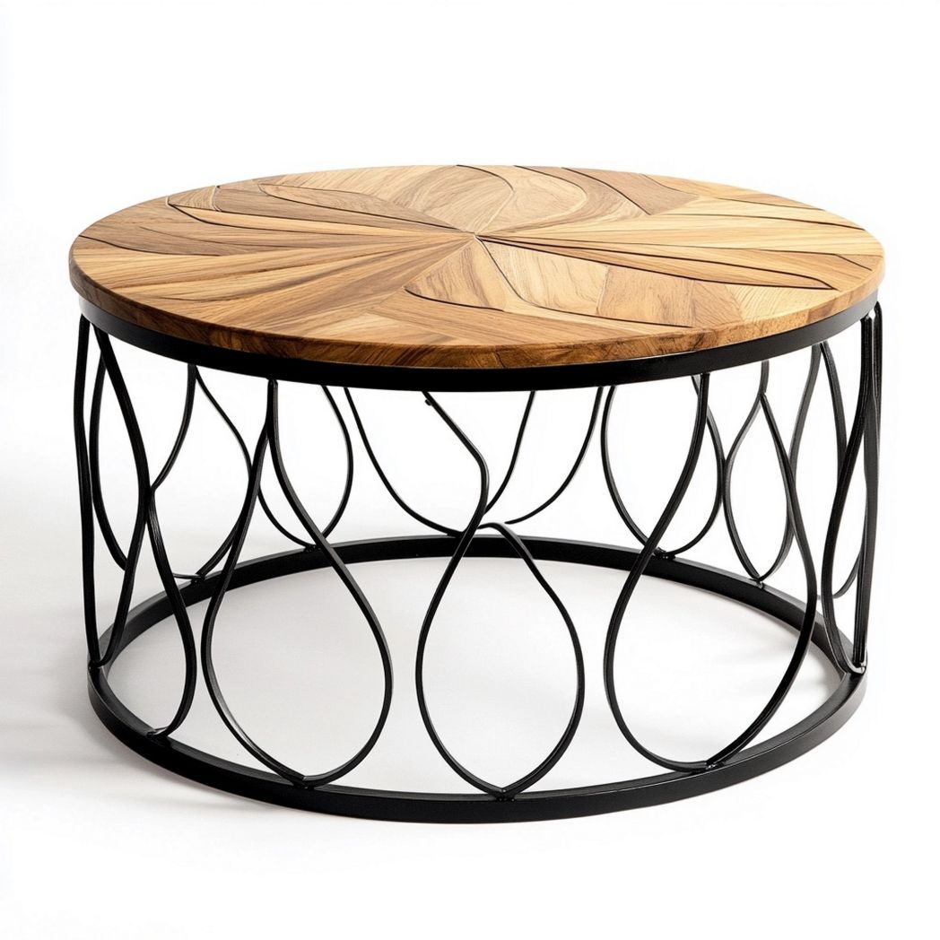 Table basse ronde en bois de teck et fer forgé, diamètre 80cm