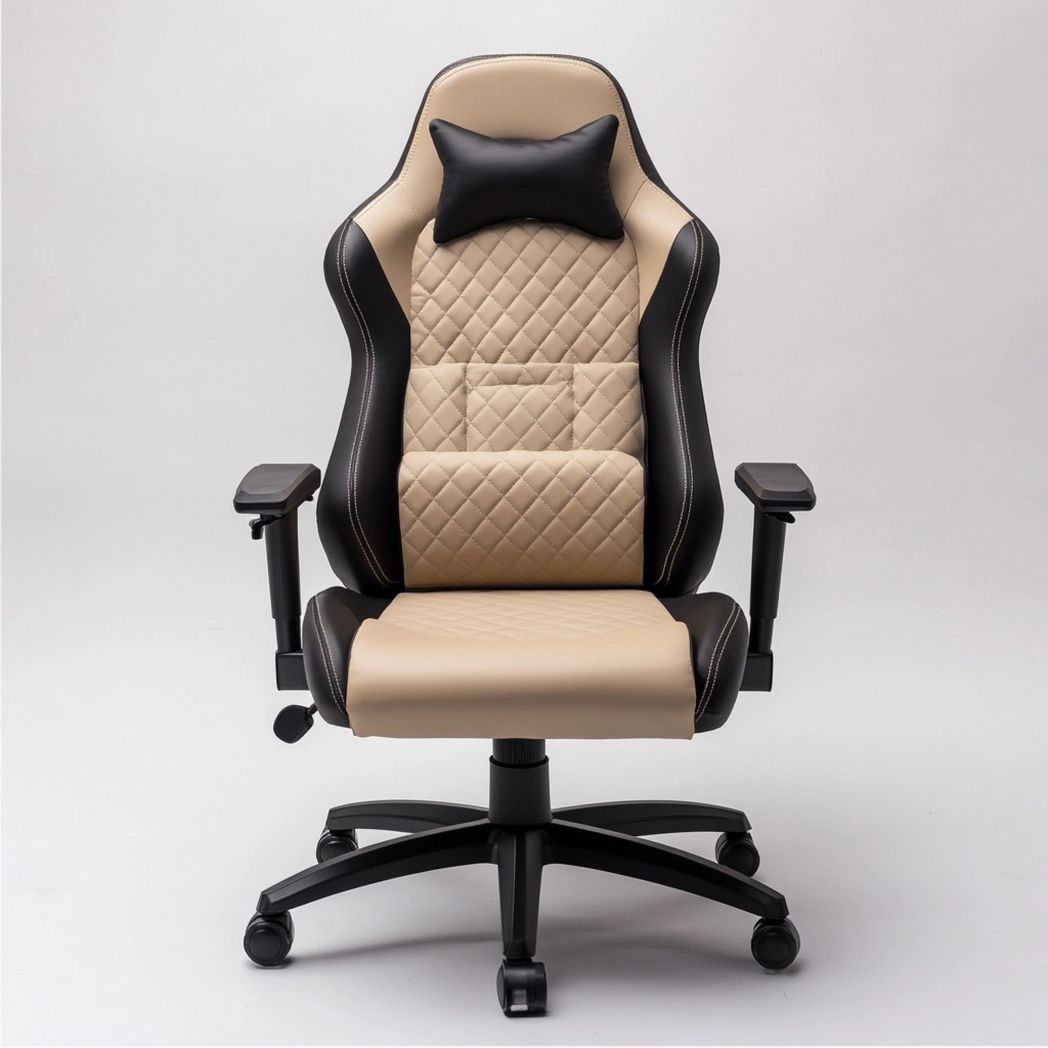 Chaise de Bureau Ergonomique Noir/Beige en Cuir PU Réglable avec Accoudoirs et Roues