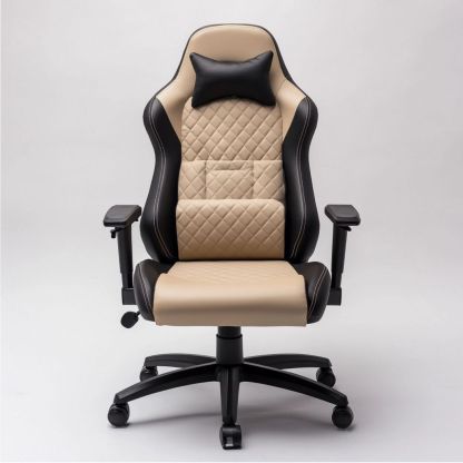 Chaise de Bureau Ergonomique Noir/Beige en Cuir PU Réglable avec Accoudoirs et Roues