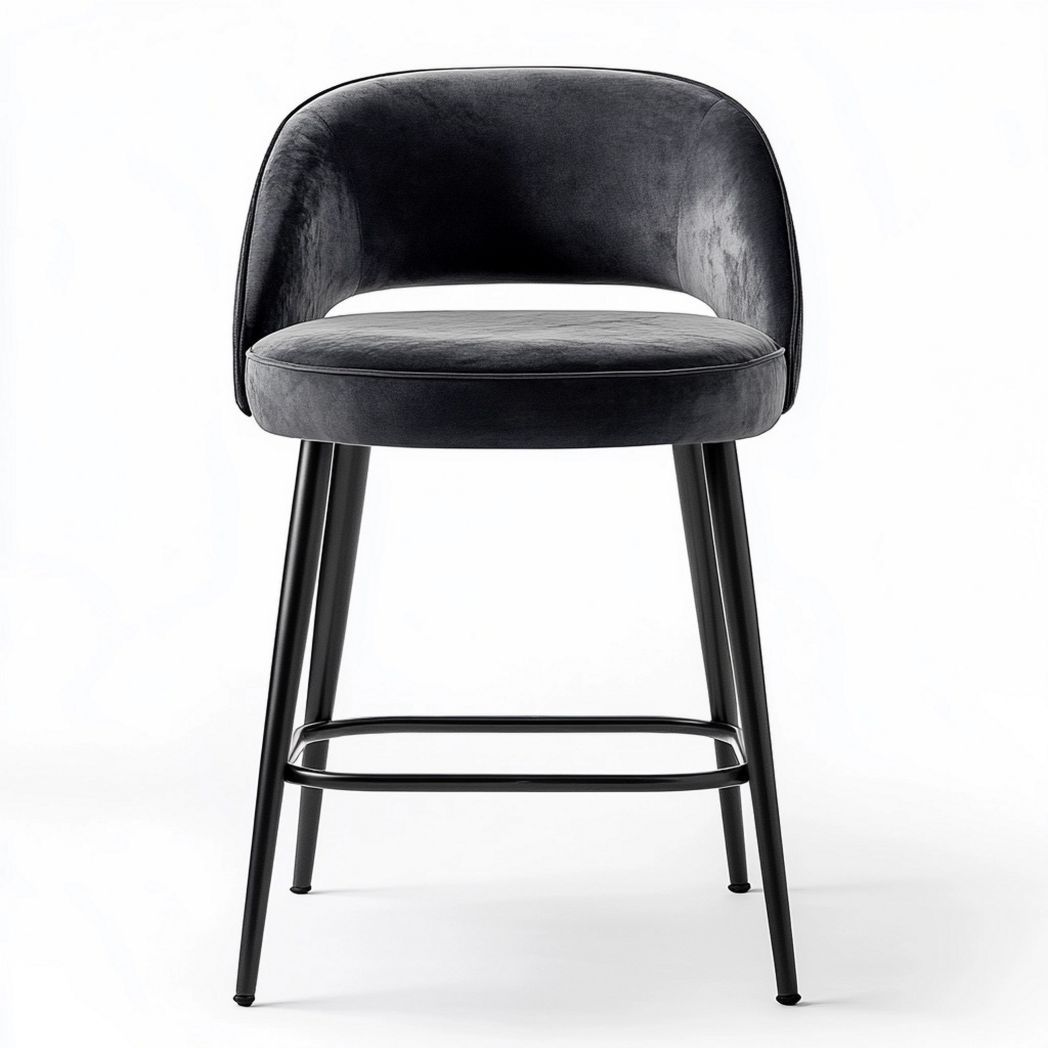 Chaise de bar en velours noir avec pieds en acier noir, hauteur 97 cm