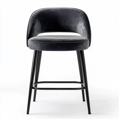 Chaise de bar en velours noir avec pieds en acier noir, hauteur 97 cm