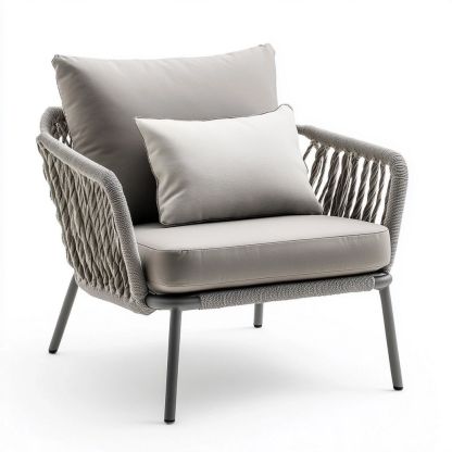 Fauteuil d'extérieur Gris Clair en Corde et Acier, H. 80 cm x L. 75 cm x P. 80 cm