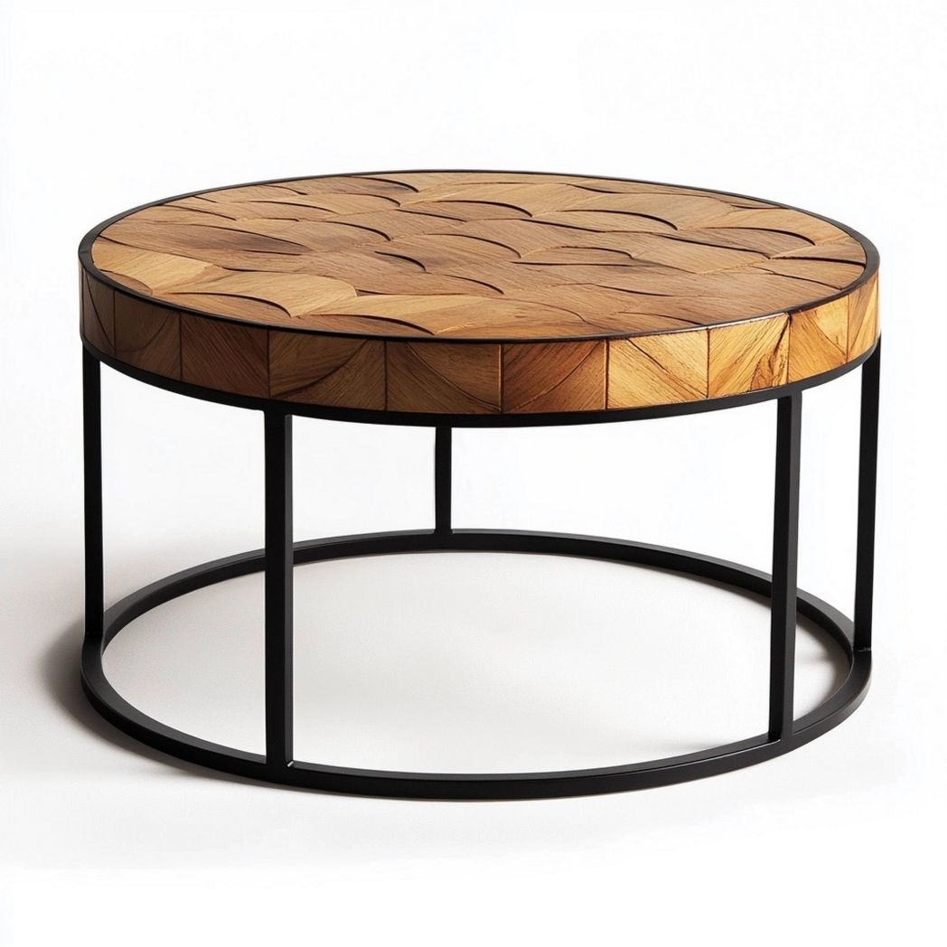 Table basse ronde en chêne et métal noir, diamètre 80 cm, hauteur 45 cm