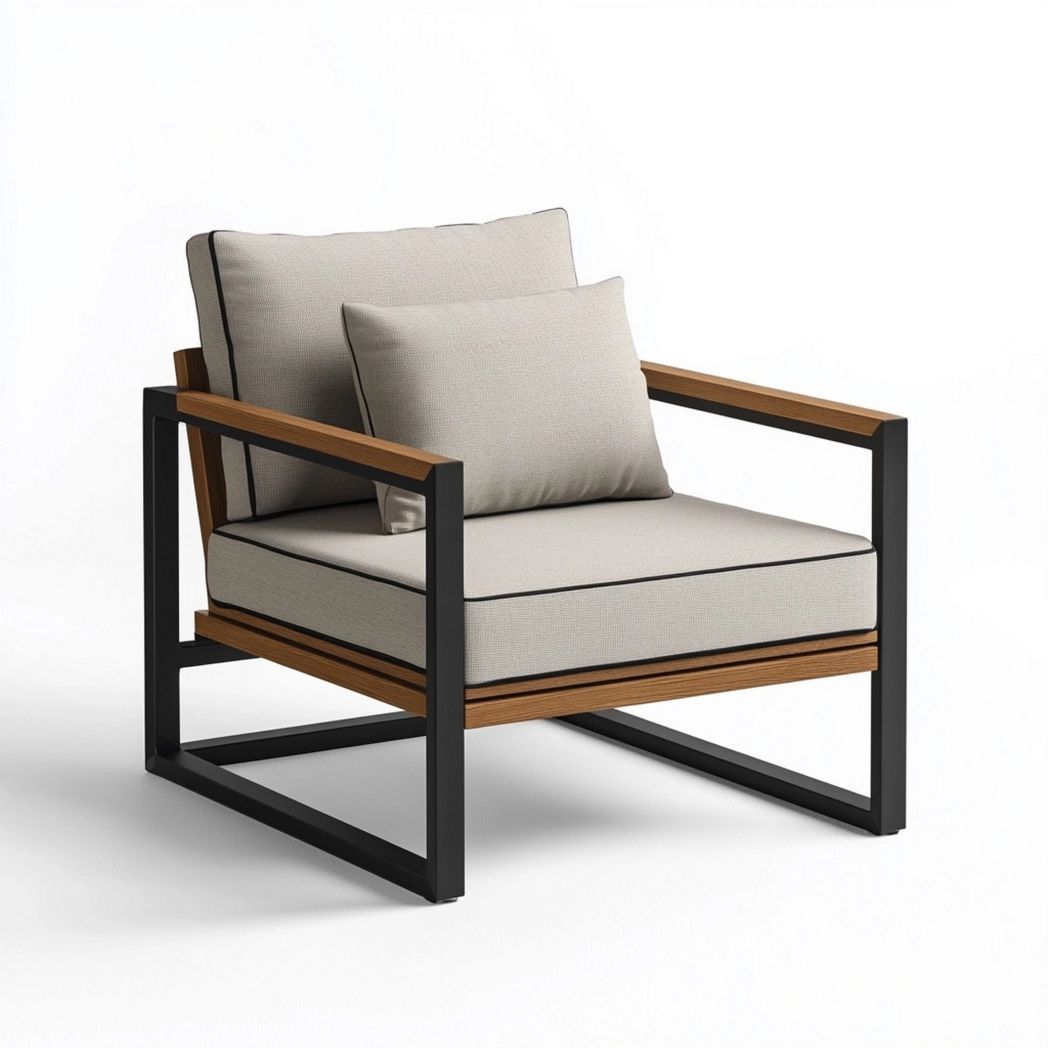 Fauteuil d’extérieur minimaliste avec coussins épais et structure en métal