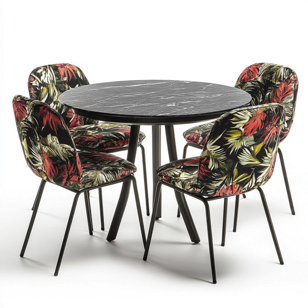 Ensemble Table à Manger Ronde en Marbre Noir et 4 Chaises Motifs