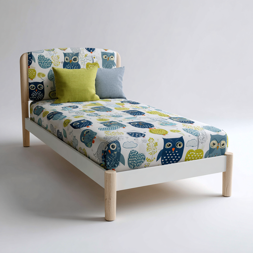 Kinderbett mit Eulenmuster und Holzrahmen 200x90x90 cm - Weiß - Naturholz - Modernes Design - geeignet für Schlafzimmer-Domainota