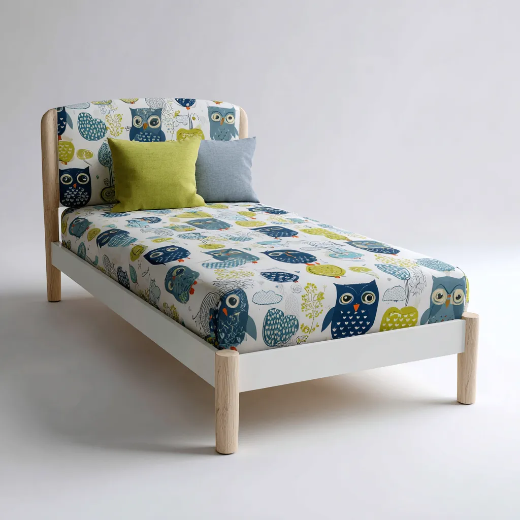 Kinderbett mit Eulenmuster und Holzrahmen 200x90x90 cm - Weiß - Naturholz - Modernes Design - geeignet für Schlafzimmer-Domainota