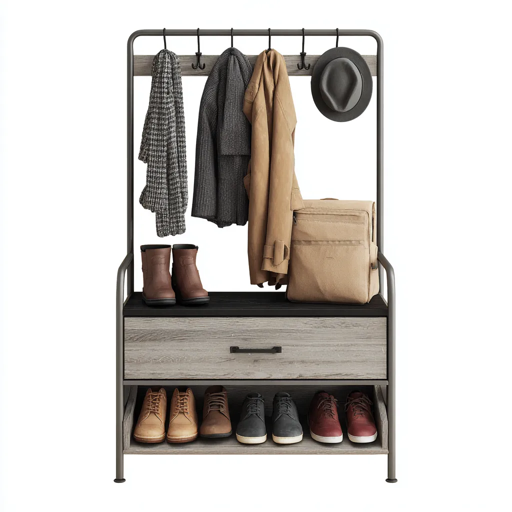 Garderobenständer Metall und Holz 95x40x180 cm - grau - schwarz - für Eingangsbereich - industrielles Design-Domainota