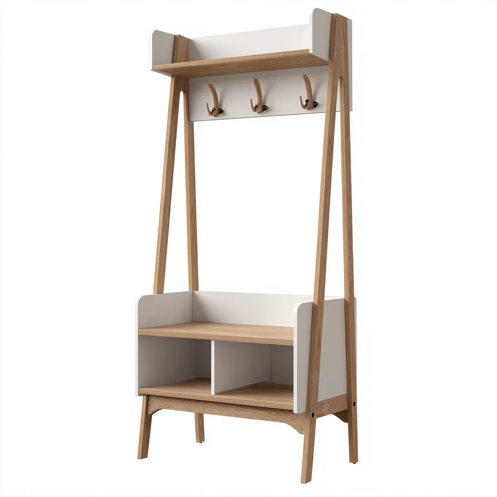 Garderobenständer Holz 85x35x170 cm - Eiche - Weiß - mit Ablagefächern und Haken - für Eingangsbereich - modernes skandinavisches Design-Domainota