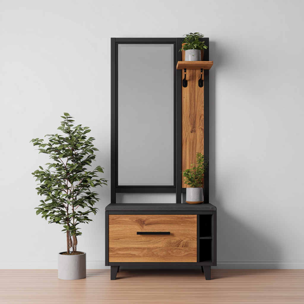 Garderobenständer Holz und Metall 95x40x180 cm - Eiche - Schwarz - mit Spiegel - für Eingangsbereich - industrielles Design-Domainota