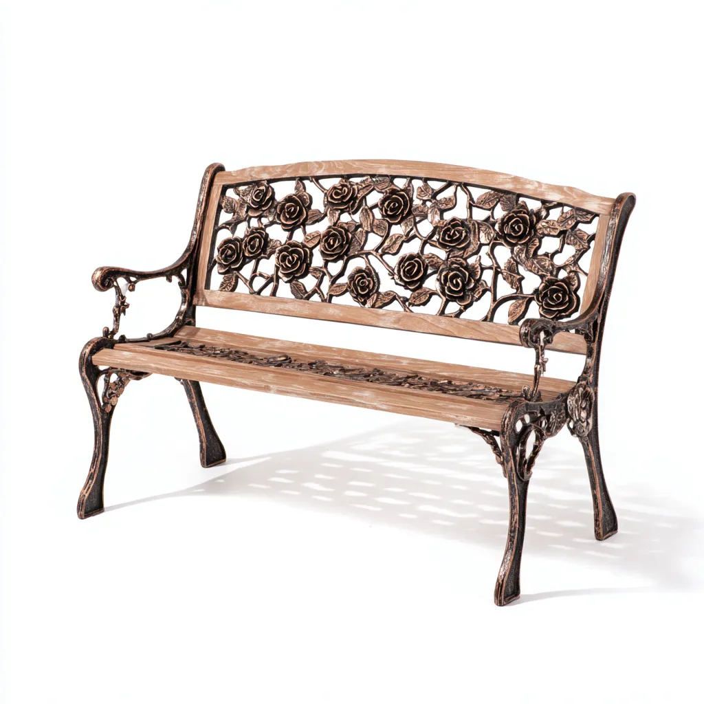 Gartenbank 125x59x75 cm - Holz und Gusseisen - bronzefarben - geeignet für den Außenbereich - Rosenornament-Design-Domainota
