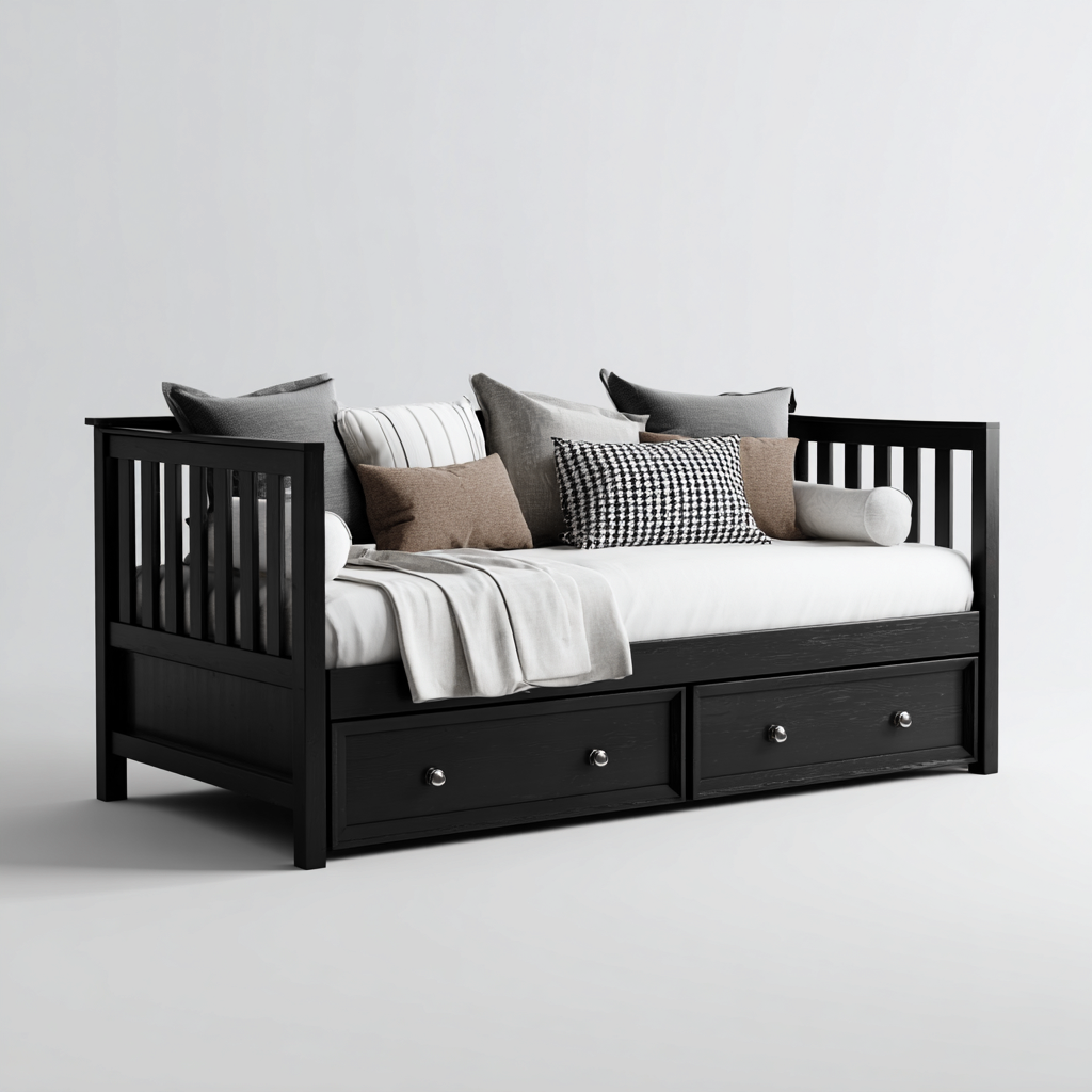 Schlafsofa-Massivholz-210x100x90 cm-Schwarz-für Schlafzimmer-Modernes Design-Mit Stauraum-Domainota