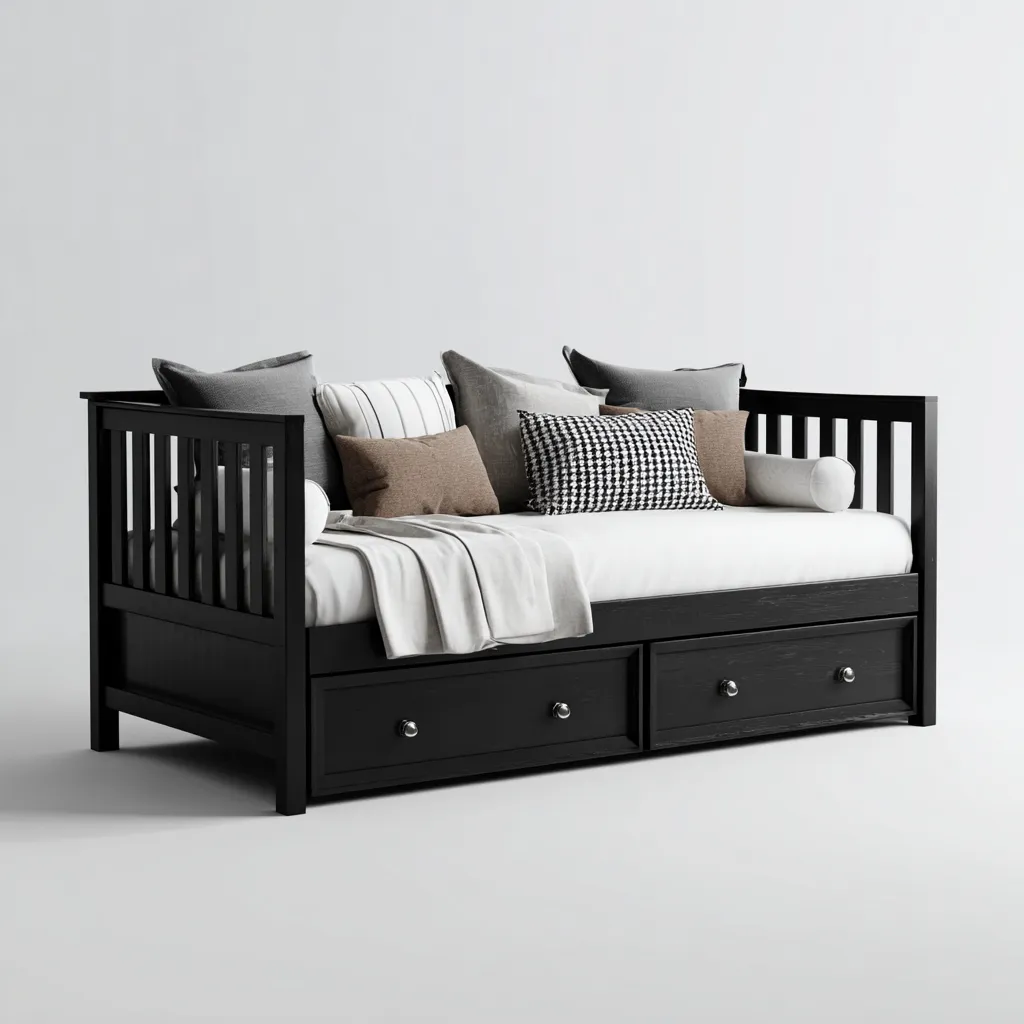 Schlafsofa-Massivholz-210x100x90 cm-Schwarz-für Schlafzimmer-Modernes Design-Mit Stauraum-Domainota