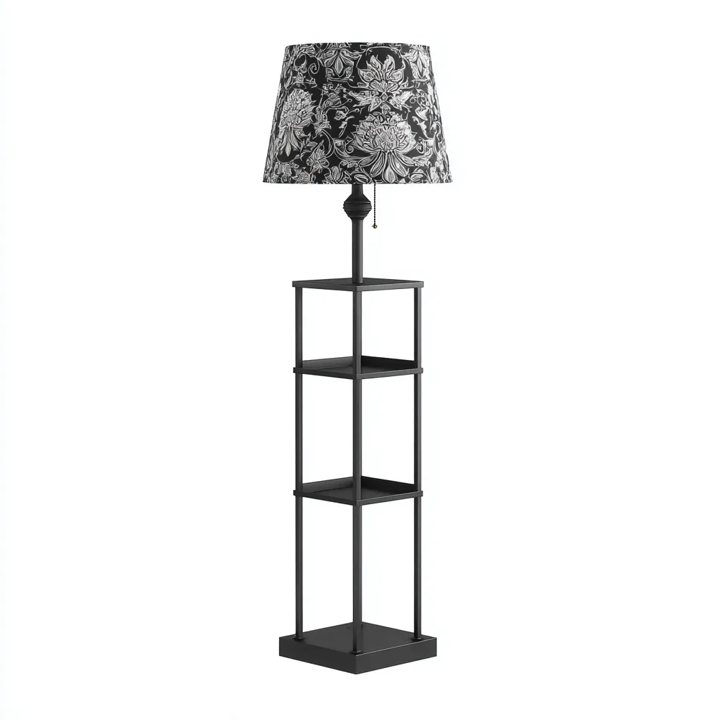 Stehlampe mit Regal - Metall - Textil - 38x38x160 cm - Schwarz - Weiß - Klassisches Design für Wohnzimmer - Lesebereich-Domainota