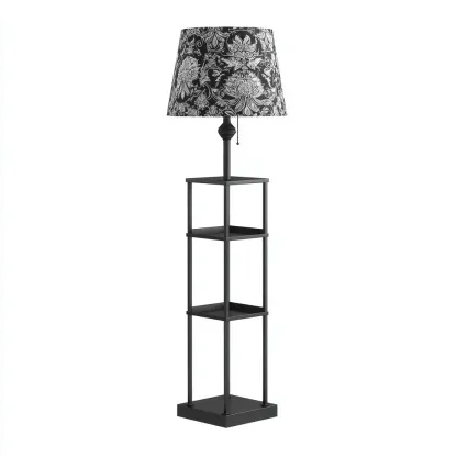 Stehlampe mit Regal - Metall - Textil - 38x38x160 cm - Schwarz - Weiß - Klassisches Design für Wohnzimmer - Lesebereich-Domainota