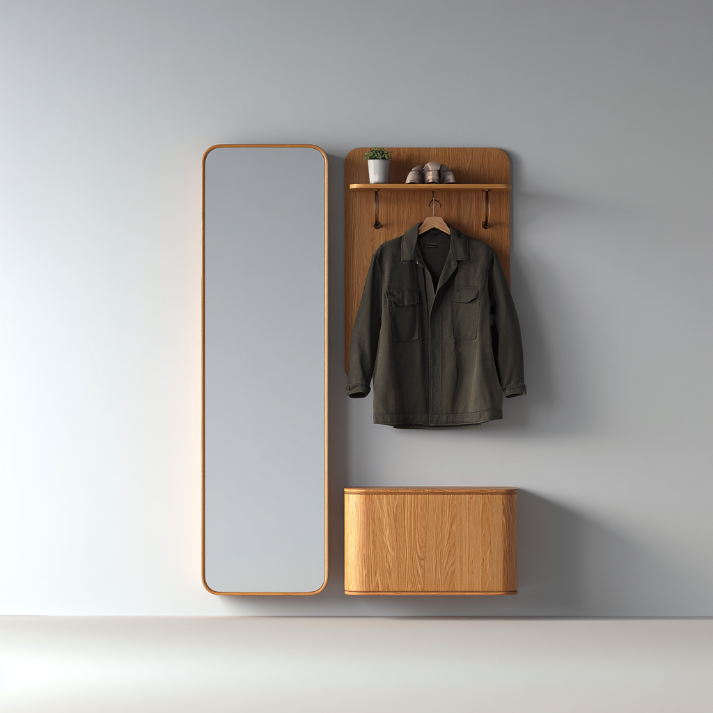 Garderobenständer Holz 100x25x190 cm - naturfarben - mit Spiegel - für Eingangsbereich - modernes Design-Domainota