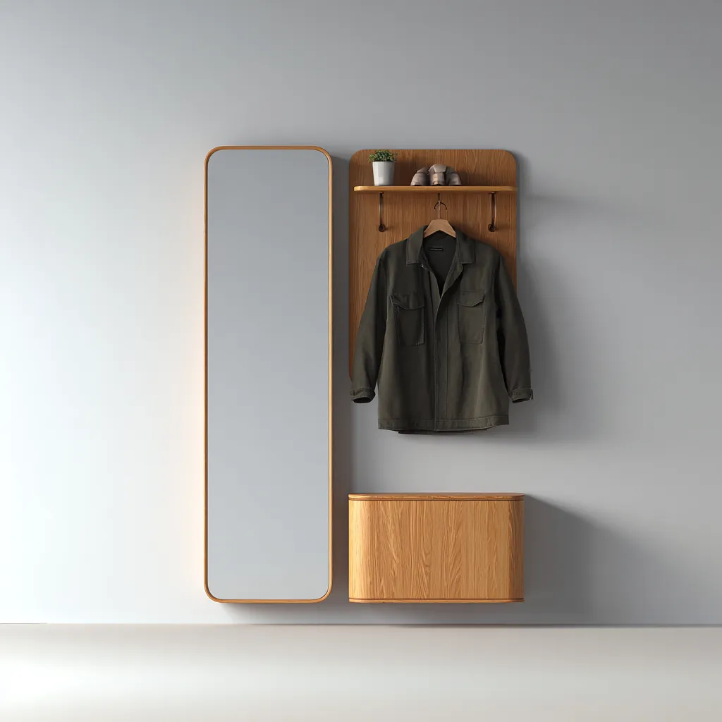 Garderobenständer Holz 100x25x190 cm - naturfarben - mit Spiegel - für Eingangsbereich - modernes Design-Domainota