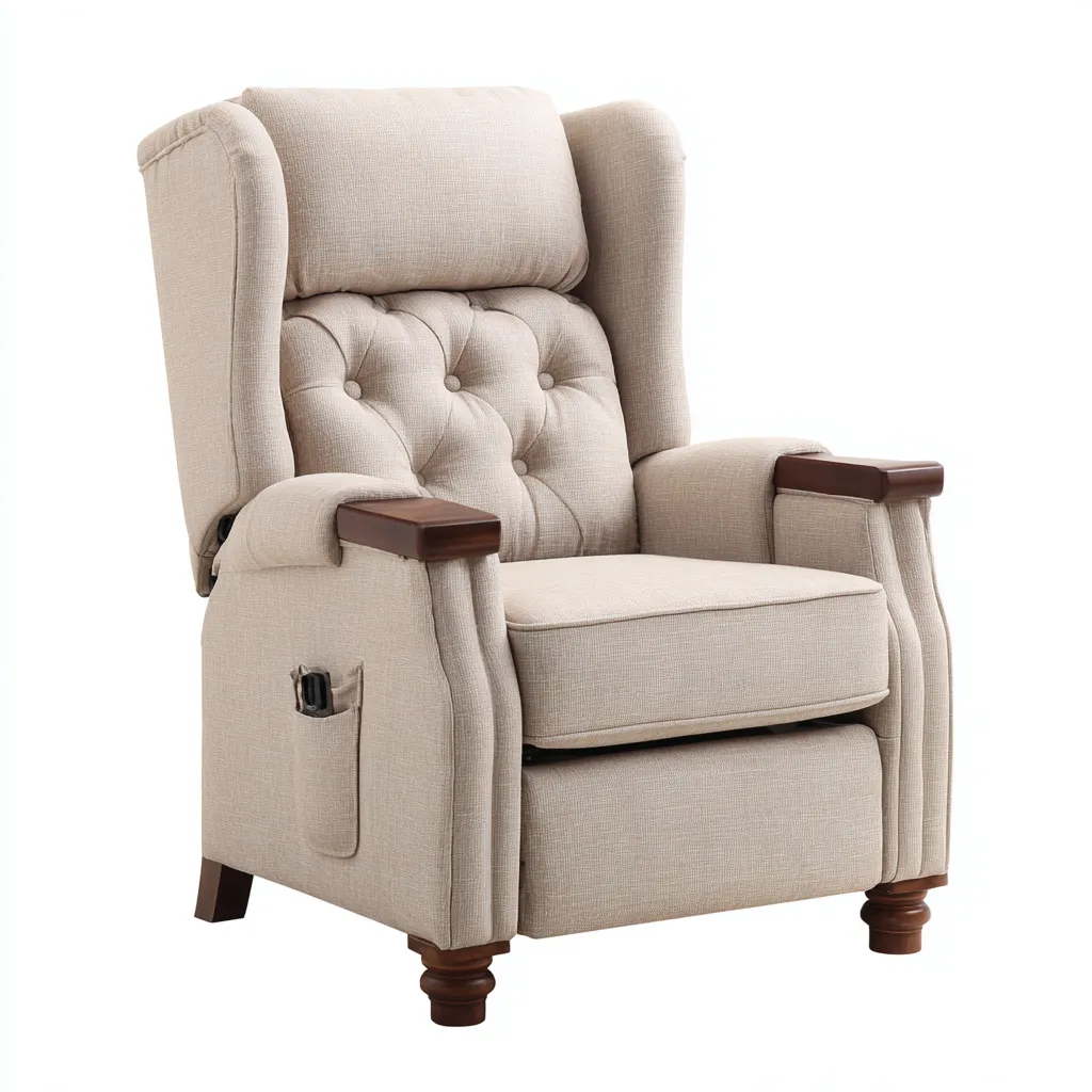 Liegesessel Stoff 96x88x108 cm - Beige - Chesterfield-Stil mit Holzarmlehnen und Knopfheftung - Für Wohnzimmer-Domainota