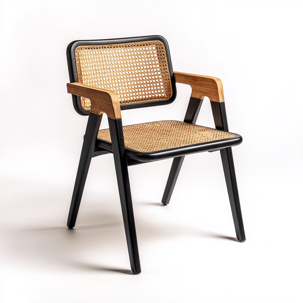 Gartenstuhl 55x57x83 cm - Massivholz und Rattan - natur - schwarz - geeignet für den Außenbereich - Retro-Design mit Armlehnen-Domainota