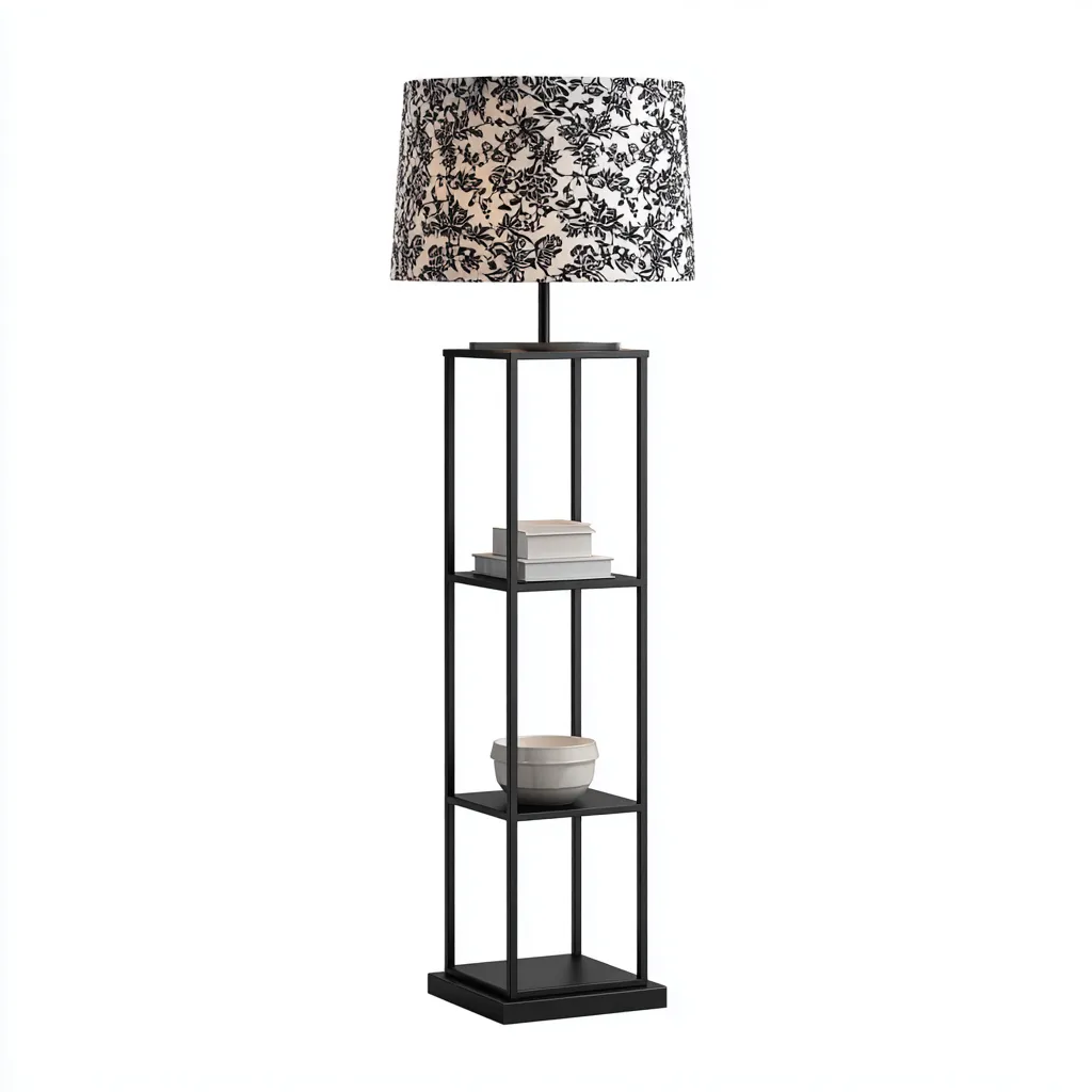 Stehlampe mit Regal - Metall - Textil - 38x38x160 cm - Schwarz - Weiß - Modernes Design für Wohnzimmer - Lesebereich-Domainota