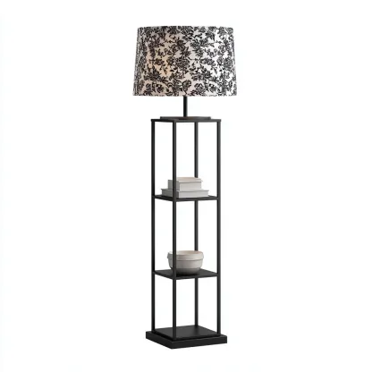 Stehlampe mit Regal - Metall - Textil - 38x38x160 cm - Schwarz - Weiß - Modernes Design für Wohnzimmer - Lesebereich-Domainota