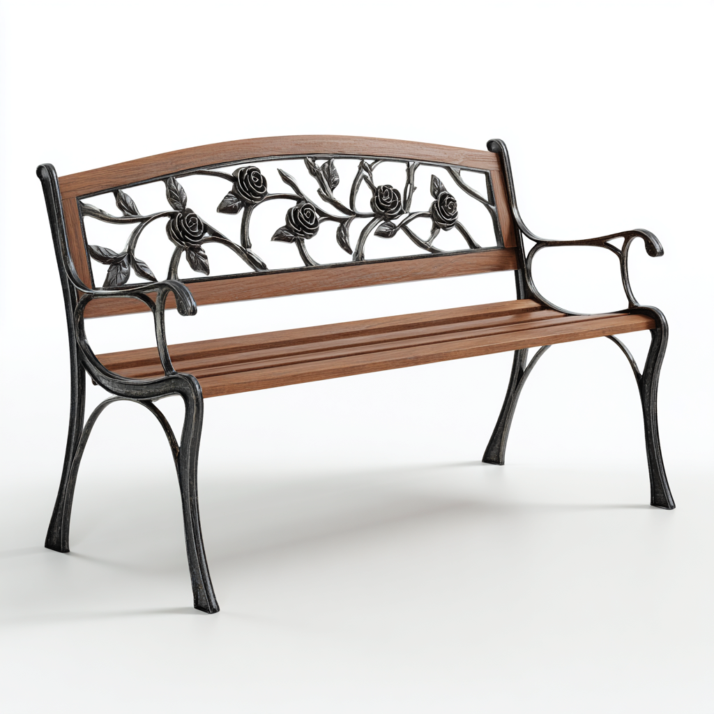 Gartenbank 125x59x75 cm - Holz und Gusseisen - braun - schwarz - geeignet für den Außenbereich - Rosenmotiv-Design-Domainota