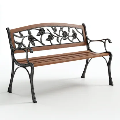 Gartenbank 125x59x75 cm - Holz und Gusseisen - braun - schwarz - geeignet für den Außenbereich - Rosenmotiv-Design-Domainota