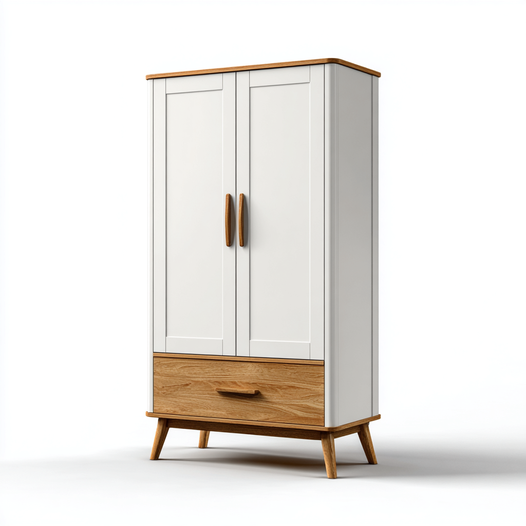 Kleiderschrank Holz 100x50x170 cm - weiß - natur - für Schlafzimmer mit Schublade und modernem skandinavischem Design-Domainota