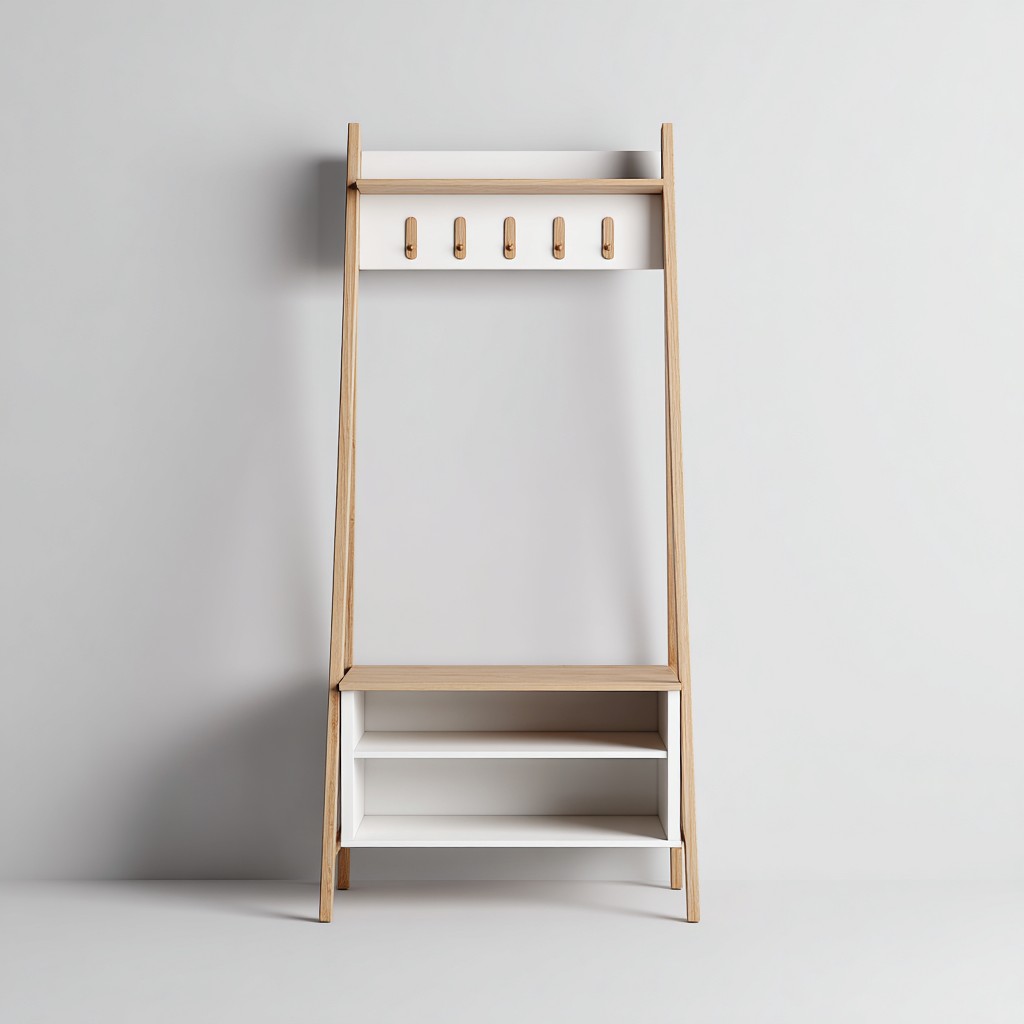 Garderobenständer Holz 90x35x175 cm - Eiche - Weiß - mit Ablage und Haken - für Eingangsbereich - skandinavisches Design-Domainota