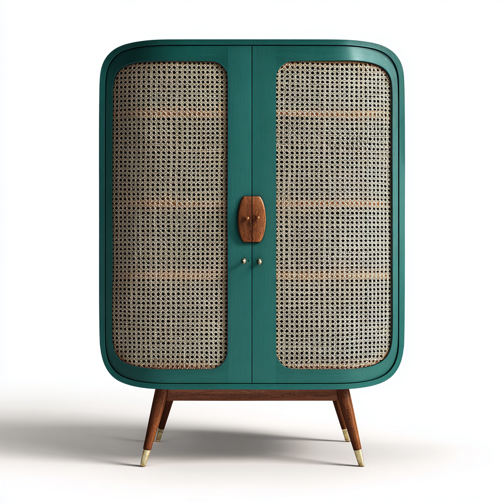 Kleiderschrank Holz 105x50x180 cm - grün - natur - für Schlafzimmer mit Rattandetail und Retro-Design-Domainota