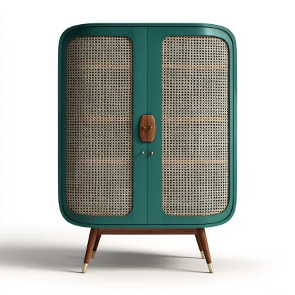 Kleiderschrank Holz 105x50x180 cm - grün - natur - für Schlafzimmer mit Rattandetail und Retro-Design-Domainota