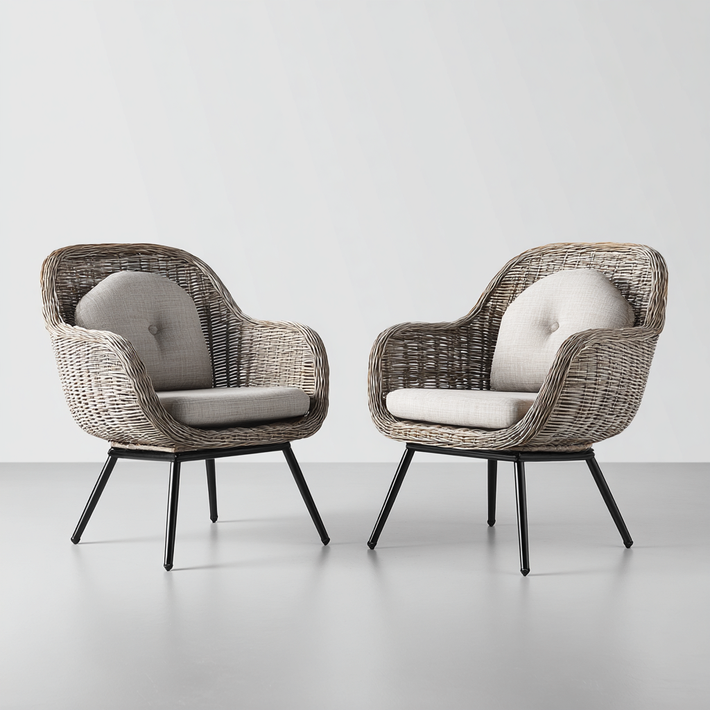 Gartenstuhl-Set 2 Stück 70x75x90 cm - Polyrattan und Metall - naturgrau - mit Sitz- und Rückenkissen - modernes Design für den Außenbereich-Domainota