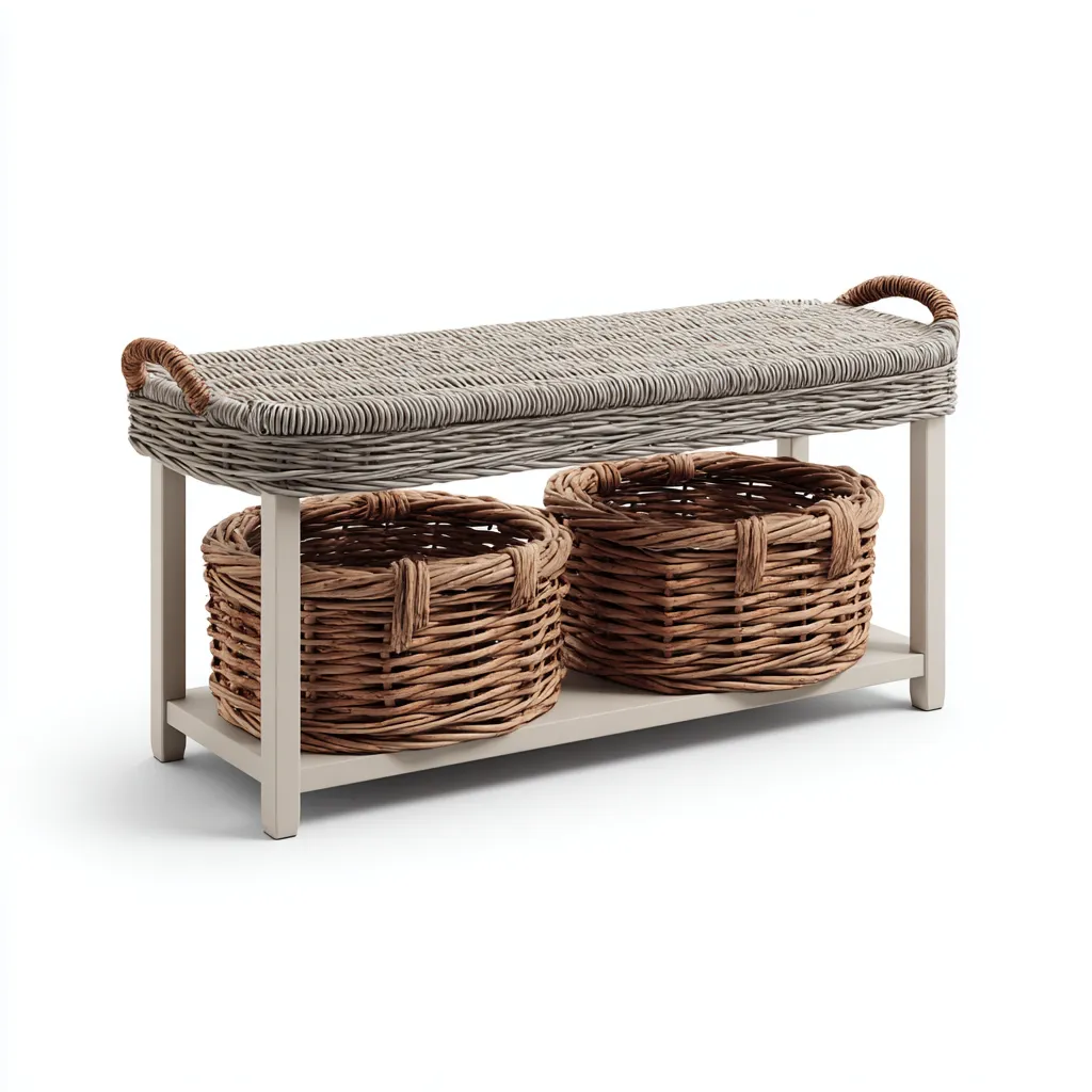 Eingangsbank Holz und Rattan 90x35x50 cm - beige - natur - geeignet für Flur - Landhausstil-Domainota