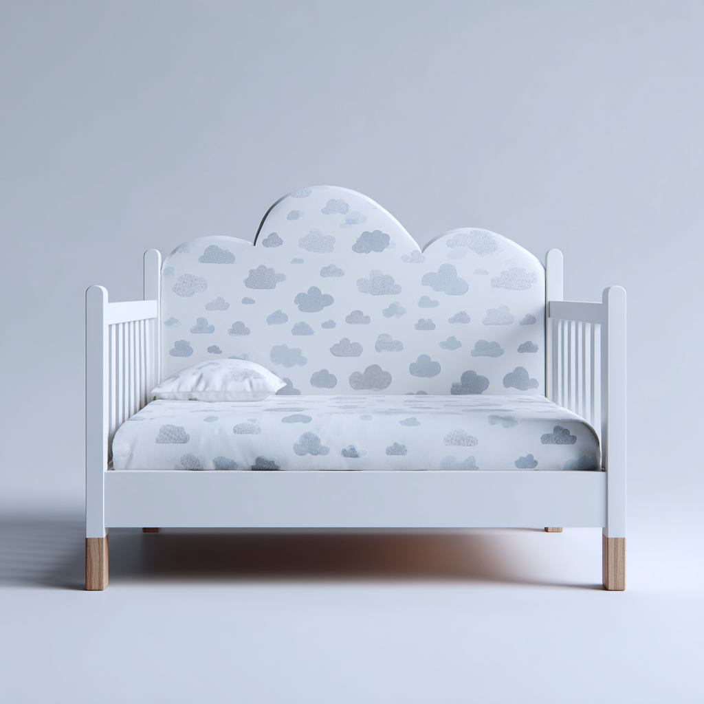 Kinderbett mit Wolkenmuster und Holzbeinen 200x90x95 cm - Weiß - Grau - Naturholz - Modernes Design - geeignet für Schlafzimmer-Domainota