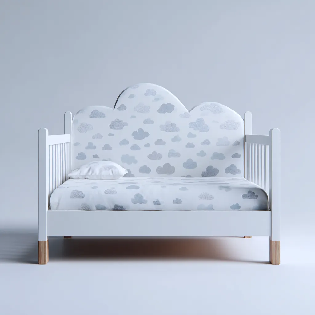 Kinderbett mit Wolkenmuster und Holzbeinen 200x90x95 cm - Weiß - Grau - Naturholz - Modernes Design - geeignet für Schlafzimmer-Domainota